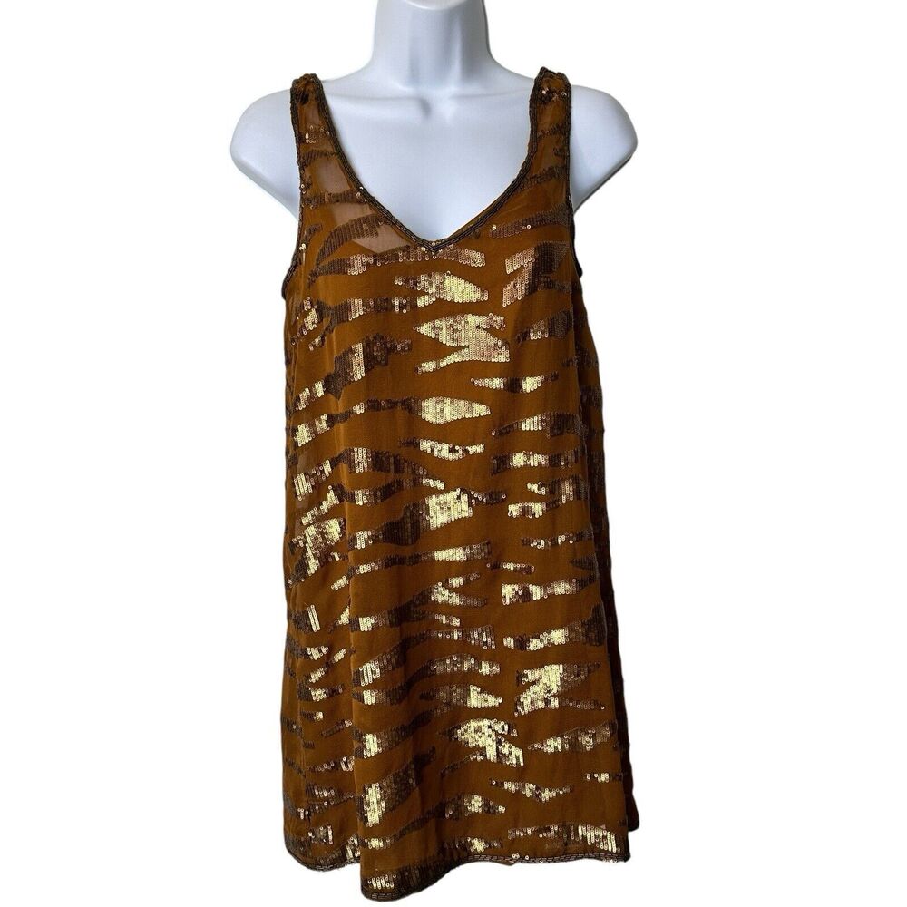 Ecote by Urban Outfitters S Brown Sequins chiffon sleeveless Y2K mini Dress